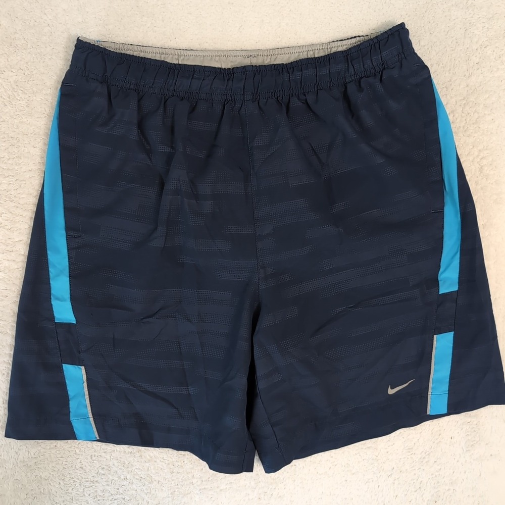 NIKE DRI-FIT Medium Men's Brief Lined Running Shorts Blue‎ Camouflage 29x7"